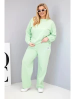 Dámská souprava Plus Size bavlněná s volnou mikinou a kalhotami s širokou nohavicí pistáciová