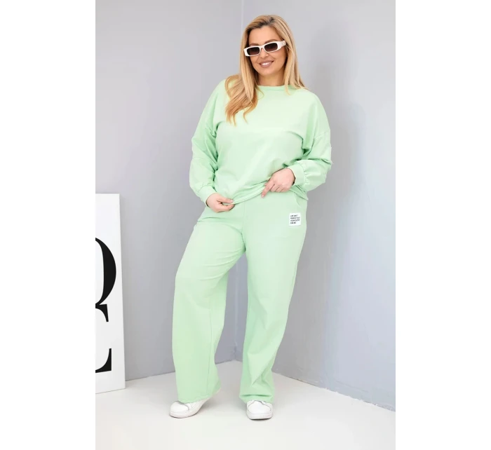 Dámská souprava Plus Size bavlněná s volnou mikinou a kalhotami s širokou nohavicí pistáciová