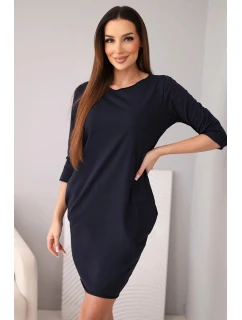 Dámské bavlněné šaty s 3/4 rukávem a kapsami tmavě modré