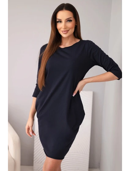 Dámské bavlněné šaty s 3/4 rukávem a kapsami tmavě modré