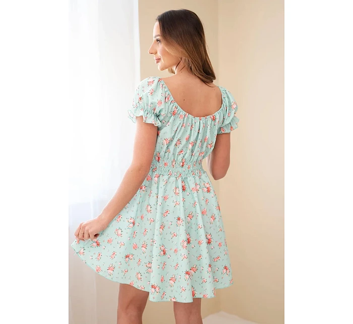 Dámské šaty s květinovým vzorem, nabíraným rukávem a elastickým pasem mentolová Dámské šaty s květinovým vzorem, nabíraným rukávem a elastickým pasem mentolová