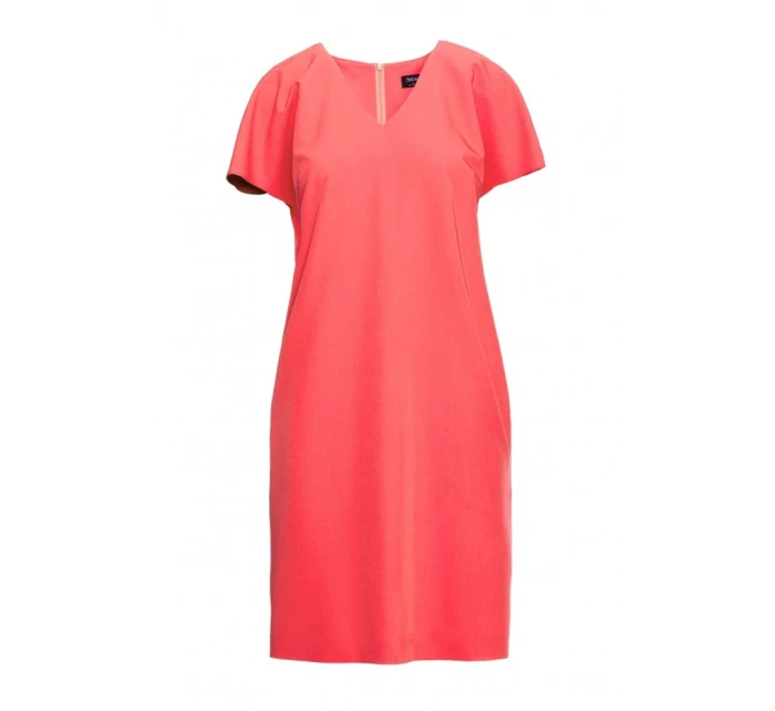 S392 Šaty uvolněného střihu s výstřihem do V - korálová barva S392 Šaty uvolněného střihu s výstřihem do V - korálová barva