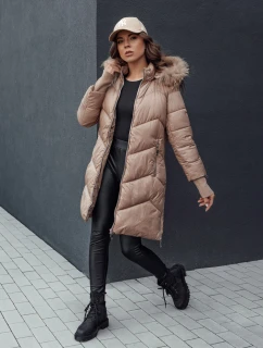 Dámská prošívaná zimní bunda z umělé kožešiny s kapucí camel model 21979752 - Dstreet