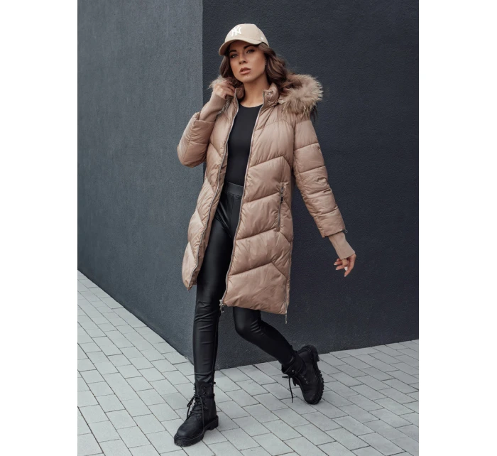 Dámská prošívaná zimní bunda z umělé kožešiny s kapucí camel model 21979752 - Dstreet