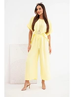 Dámský viskózový komplet halenka s krátkým rukávem a kalhoty se širokými nohavicemi žlutý