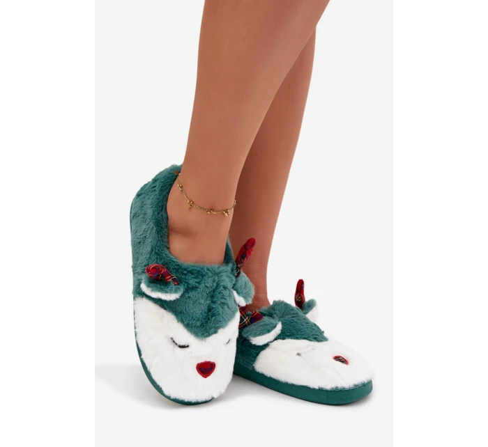 Vánoční dámské pantofle s motivem soba kožené zelené Orsella