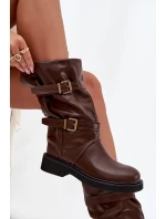 Dámské kozačky ke kolenům s pásky a sponami Halvessa – hnědé