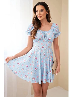 Dámské květinové šaty s nabíraným rukávem a elastickým pasem modrá