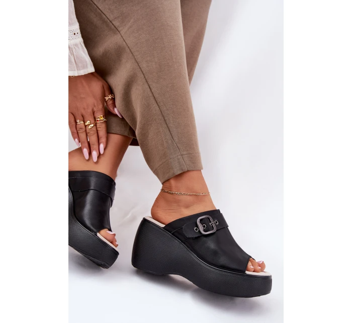 Kožené Dámské Sandály Na Platformě A Klínu S Přezkou Černé model 21695817 - S.Barski