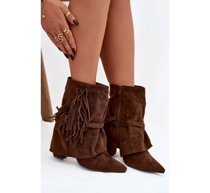 Dámské kotníkové boty na podpatku s třásněmi a zlatými hnědé Damskie model 21757504 - Boto Dámské kotníkové boty na podpatku s třásněmi a zlatými hnědé Damskie model 21757504 - Boto