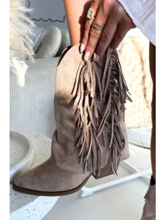 Dámské kotníkové kozačky – kovbojky se třásněmi na sloupku Gralina – khaki