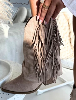 Dámské kotníkové kozačky – kovbojky se třásněmi na sloupku Gralina – khaki