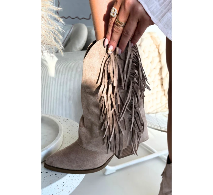 Dámské kotníkové kozačky – kovbojky se třásněmi na sloupku Gralina – khaki