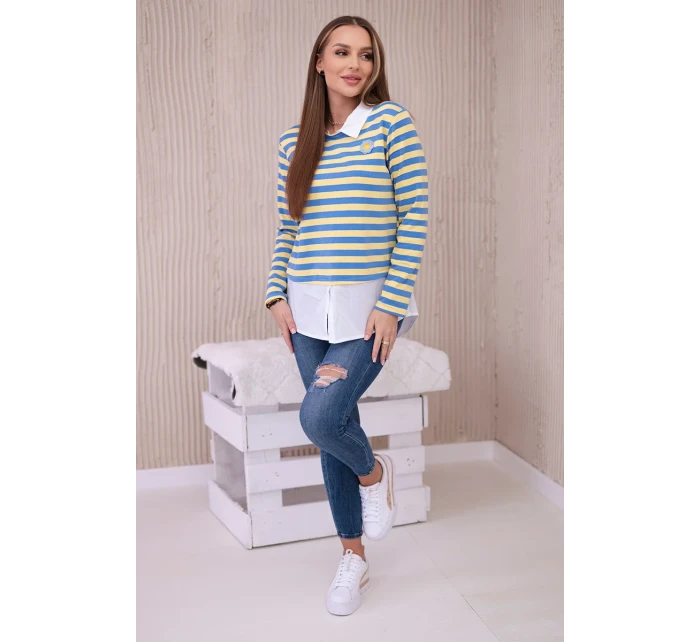 Pruhovaná bavlněná halenka s límečkem džínovina+žlutá