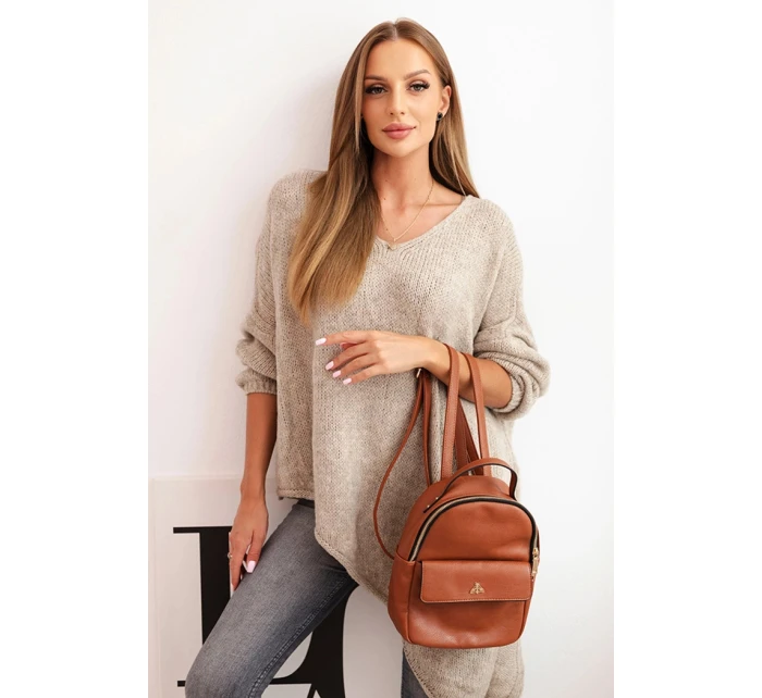 Dámský asymetrický svetr z vlny Plus Size s výstřihem do V tmavě béžový