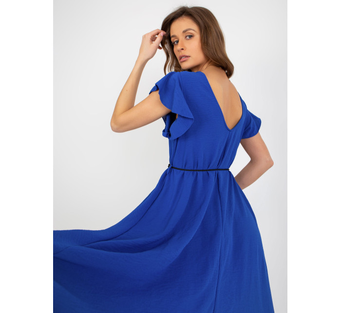 Kobaltově modré midi šaty s volánem a krátkými rukávy