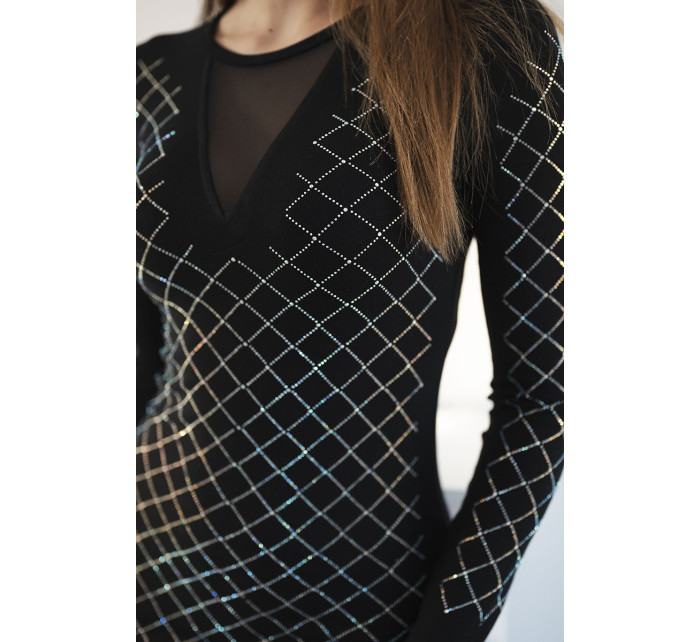 Pletené šaty s ozdobným vzorem z kubické zirkonie černé