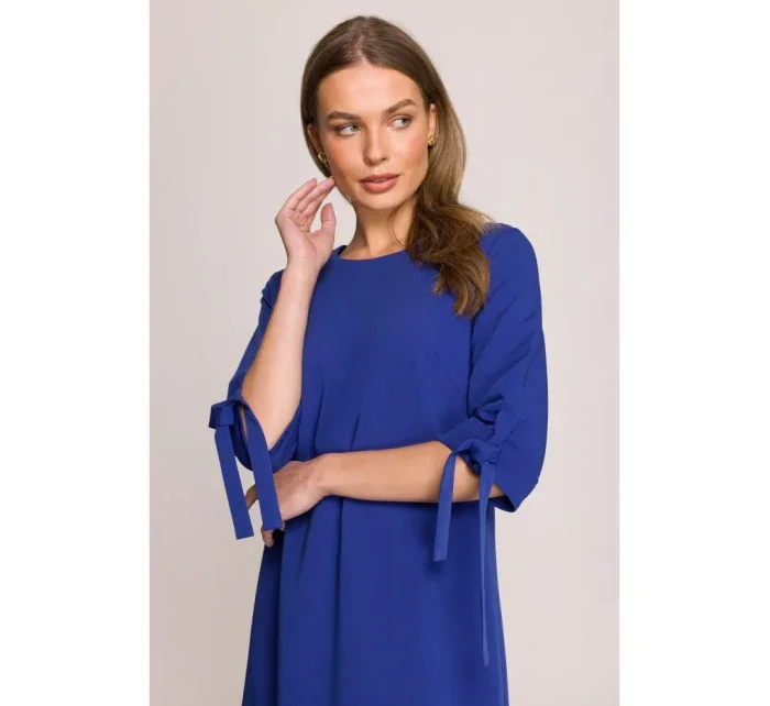 S393 Šaty áčkového střihu s vázacími rukávy - královsky modré S393 Šaty áčkového střihu s vázacími rukávy - královsky modré
