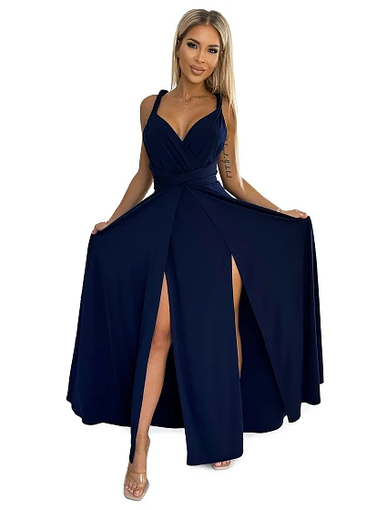 Tmavě modré elegantní dlouhé dámské šaty s vázání model 22302465 - numoco Tmavě modré elegantní dlouhé dámské šaty s vázání model 22302465 - numoco