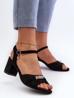 Dámské sandály z semiše na podpatku s ozdobami černé model 21658149 - VINCEZA