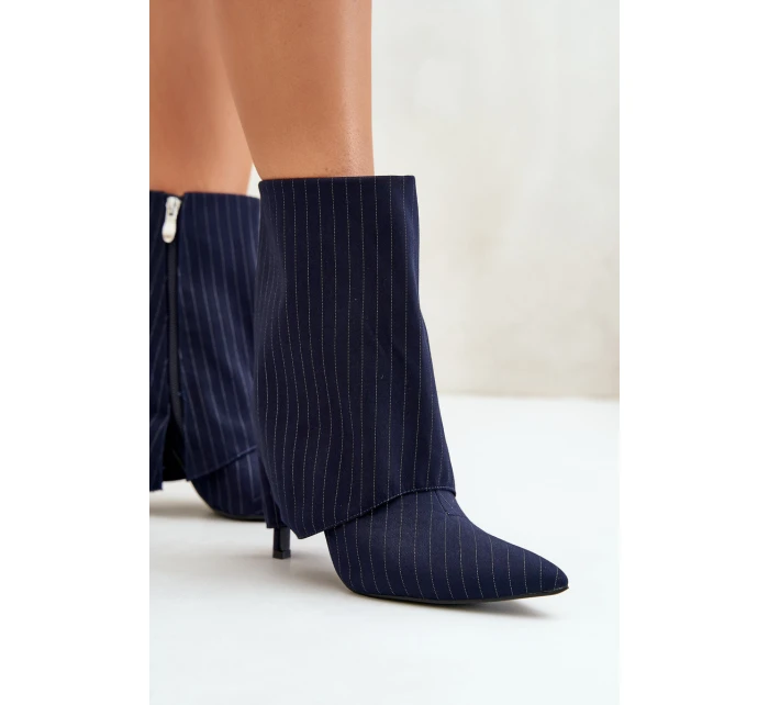 Dámské boty s pruhy na jehlách s ohrnutým svrškem a  tmavě modré model 21670406 - Boto