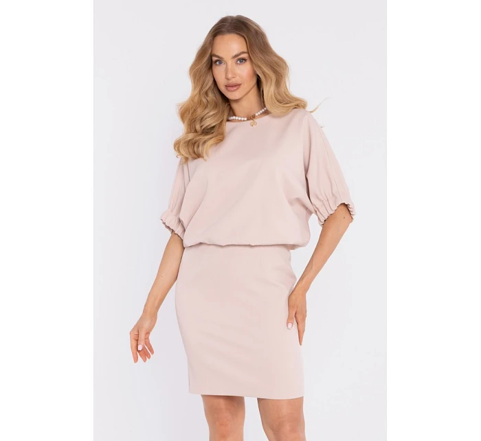 M904 Blůzové šaty s rozparkem na zádech - světle béžové