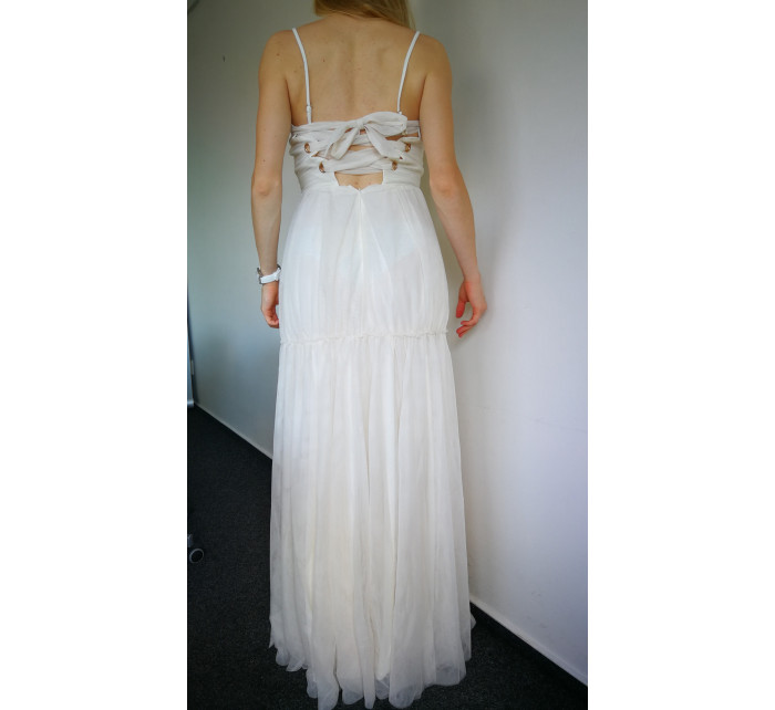 Dámské šaty SOKY SOKA na ramínka s šifonovou sukní dlouhé smetanově bílé - Bílá / XL - SOKY&SOKA