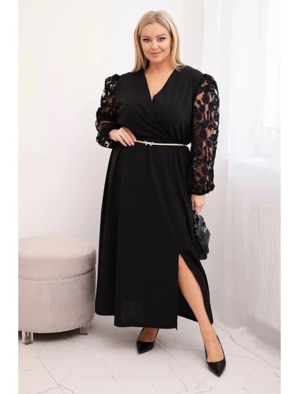 Dámská plus size šaty z viskózy s překládaným výstřihem černá Dámská plus size šaty z viskózy s překládaným výstřihem černá