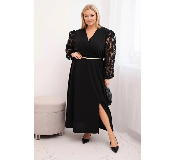 Dámská plus size šaty z viskózy s překládaným výstřihem černá Dámská plus size šaty z viskózy s překládaným výstřihem černá