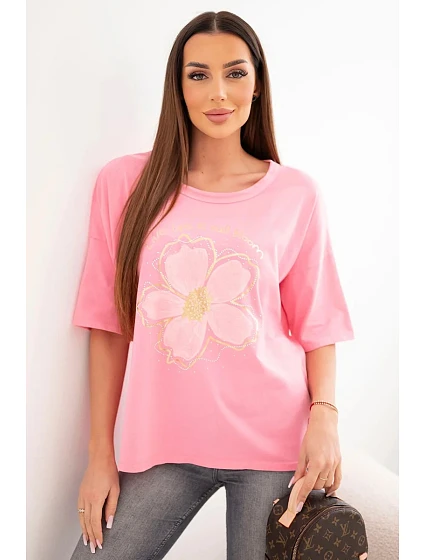 Dámská bavlněná oversize halenka s květinovým potiskem světle růžová Dámská bavlněná oversize halenka s květinovým potiskem světle růžová