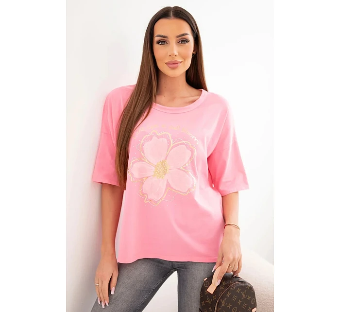 Dámská bavlněná oversize halenka s květinovým potiskem světle růžová Dámská bavlněná oversize halenka s květinovým potiskem světle růžová