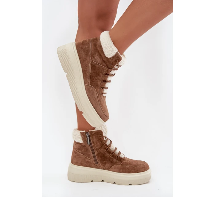 Semišové dámské sněhule s kožíškem na platformě Vinceza 95354 Camel