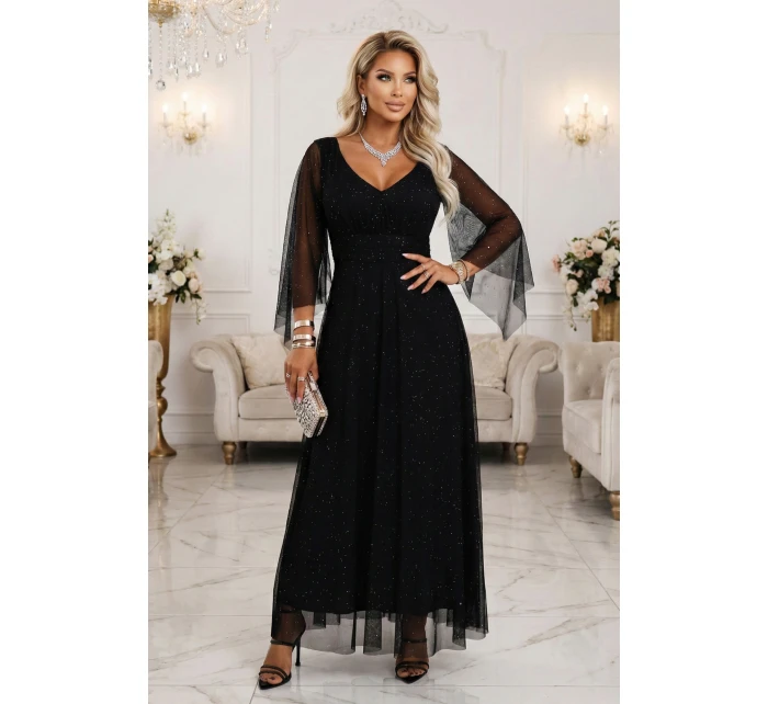 655-1 Dlouhé lehké třpytivé šaty s výstřihem a průhlednými rukávy - černé 655-1 Dlouhé lehké třpytivé šaty s výstřihem a průhlednými rukávy - černé