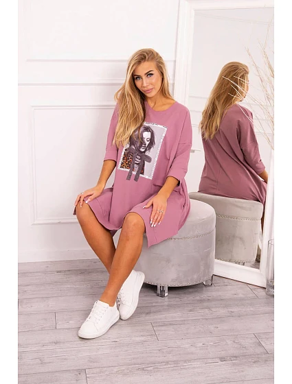 Šaty s potiskem a model 18746004 spodní částí tmavě růžové - K-Fashion