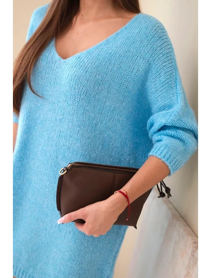 Dámská plus size pletená šaty s výstřihem do V modrá