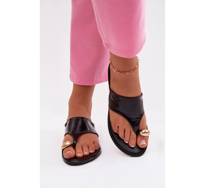 Dámské ploché ekologické kožené pantofle se zlatým detailem Černé model 21956164 - Boto