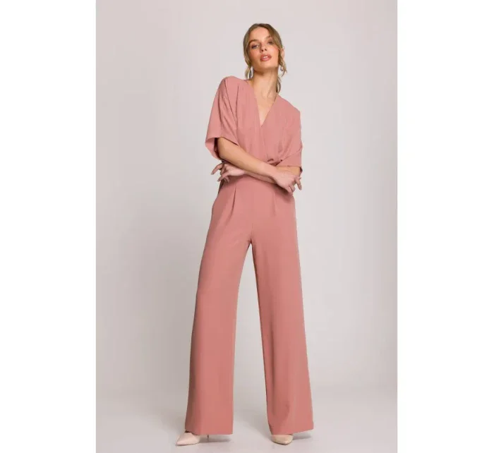 Kombinéza se širokými nohavicemi a výstřihem růžová model 20966151 - STYLOVE Kombinéza se širokými nohavicemi a výstřihem růžová model 20966151 - STYLOVE