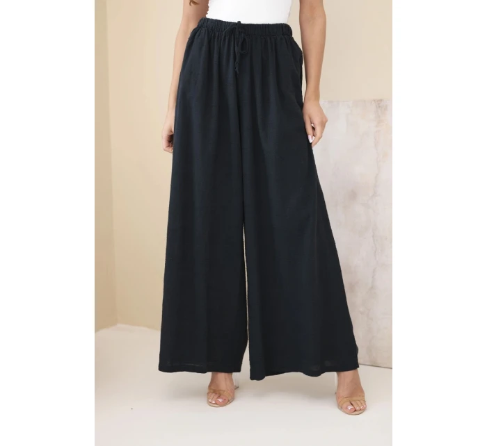 Dámské široké bavlněné kalhoty s gumou v pase černé