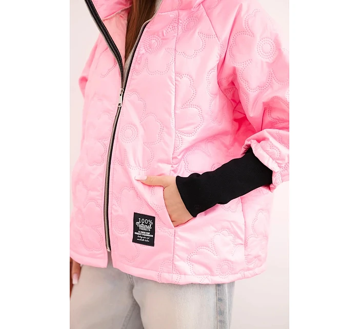 Dámská jarní prošívaná bunda s ozdobným model 22040184 a zipem bonbónově růžová - K-Fashion
