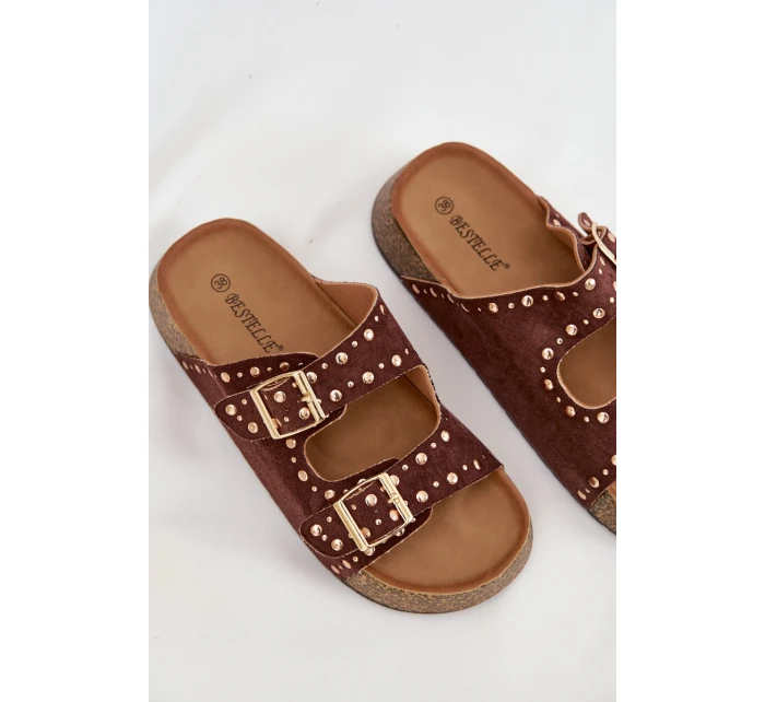 Dámské pantofle s zlatými sponami a knoflíky hnědé Tervina