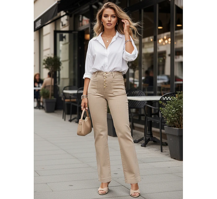 Jeansy damskie wide leg z wysokim stanem beżowe model 22102019 - FashionStreet