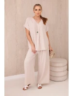 Komplet s náhrdelníkem halenka + kalhoty béžový