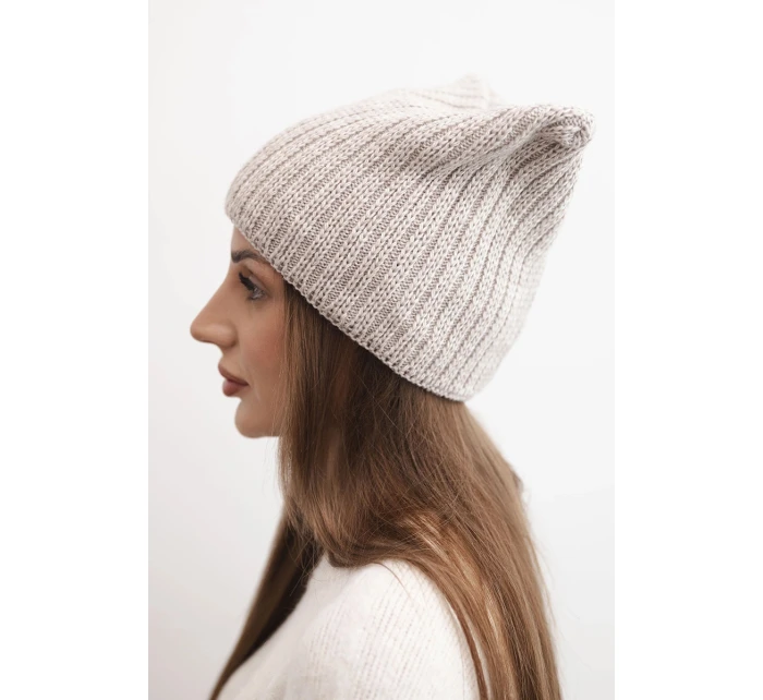 Dámská zimní čepice s vlnou v kočičím střihu z žebrovaného úpletu K419 béžová