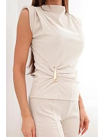 Dámský komplet s model 22084843 halenkou a širokými kalhotami béžový - K-Fashion