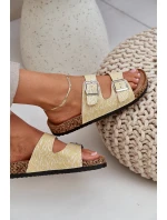 Materiálové pantofle na korkové podrážce s přezkami žluté Atera Materiálové pantofle na korkové podrážce s přezkami žluté Atera