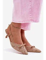 Dámské krajkové sandály na podpatku s mašlí Béžové model 22107303 - Boto