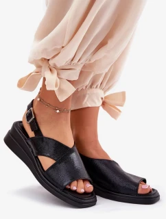 Dámské lakované sandály na klínku z eko kůže - černé Quilara