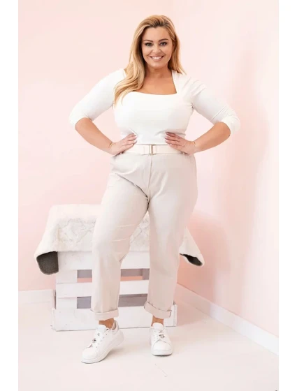 Dámské bavlněné kalhoty Plus Size s páskem béžový Dámské bavlněné kalhoty Plus Size s páskem béžový