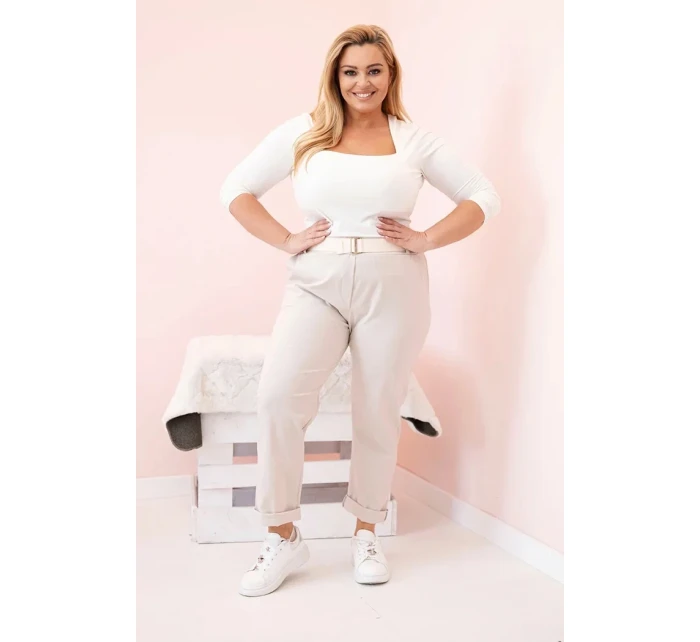 Dámské bavlněné kalhoty Plus Size s páskem béžový Dámské bavlněné kalhoty Plus Size s páskem béžový