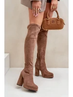 Kozačky na podpatku a platformě s vysokou holenní částí nad koleno, z eko semiše, tmavě béžové Zistaria